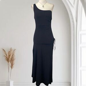 90s Romantic Goth Black Asymmetric One Shoulder Cinched Prom Formal Dress M